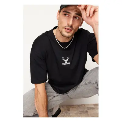 Trendyol Black Oversize/Wide Cut Deer Embroidered 100% T-Shirt