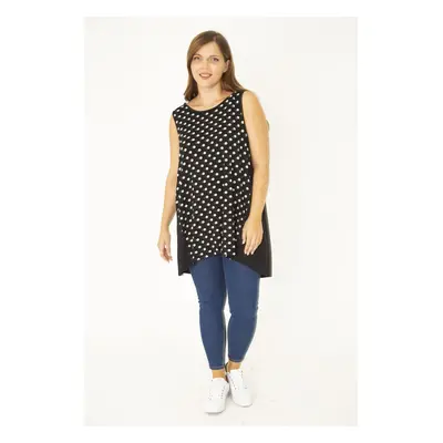 Şans Women's Plus Size Black Sleeveless Long Blouse with Side Cups and a Point Pattern Front