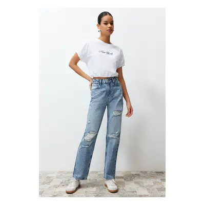 Trendyol Blue More Sustainable Ripped High Waist Straight Jeans