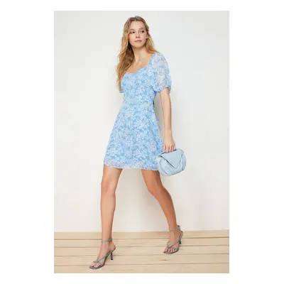 Trendyol Blue Floral Print A-Cut Chiffon Lined Mini Woven Dress