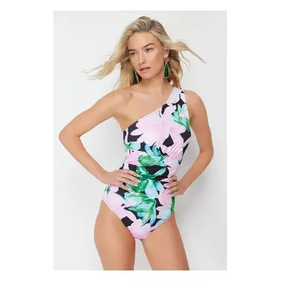 Trendyol Floral Patterned One Shoulder Draped Regular Swimsuit