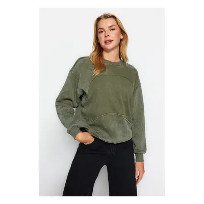 Trendyol Khaki Antique/Faded Effect Thick Fleece Inside Oversize/Wide Fit Knitted Sweatshirt