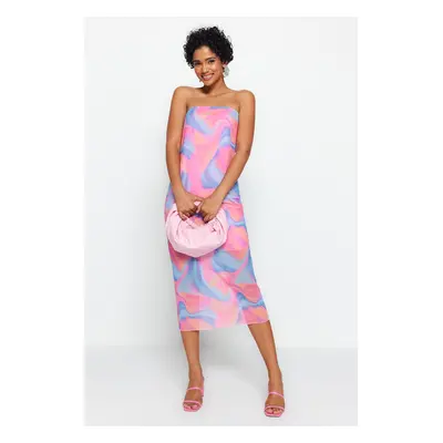 Trendyol Multicolored Printed Tulle Lined Shift/Straight Strapless Midi Flexible Knitted Pencil 