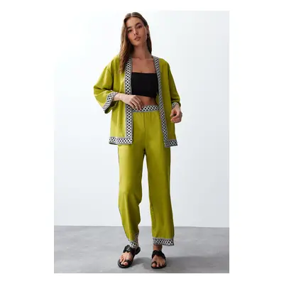 Trendyol Oil Green Embroidered Woven Kimono-Pants Set