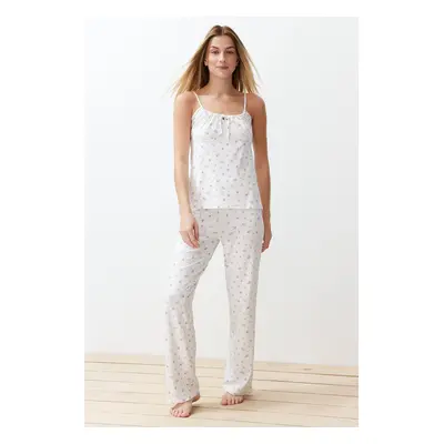 Trendyol White-Multicolor Floral String Strap Knitted Pajama Set