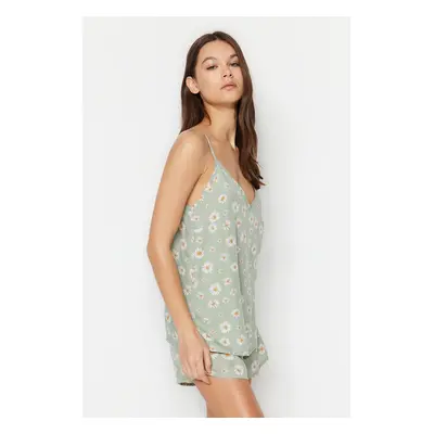 Trendyol Light Green Floral Patterned Viscose Woven Pajama Set with Rope Straps