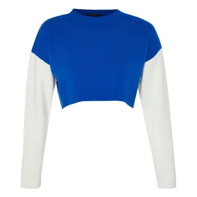 Trendyol Navy Blue Crop Color Blocked Knitwear Sweater