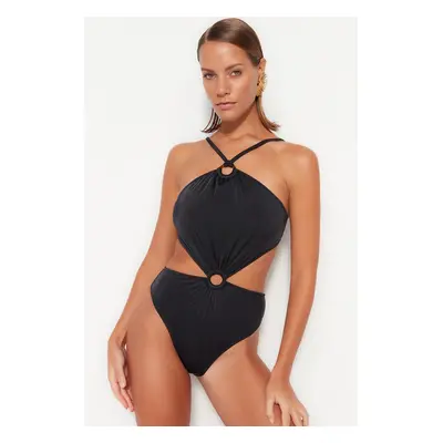 Trendyol Black Halter Neck kivágott / ablakos normál lábú fürdőruha