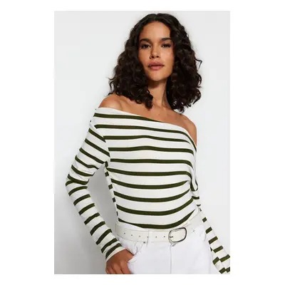 Trendyol Khaki White Striped Premium Soft Fabric Fitted Boat Neck Flexible Knitted Blouse