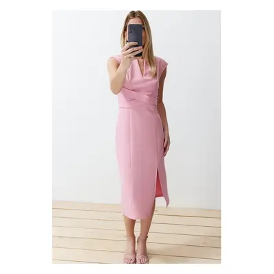 Trendyol Pink Bodycon V-Neck Slit Detailed Midi Pencil Skirt Woven Dress