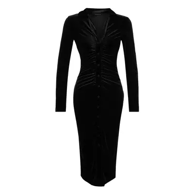 Trendyol Black Velvet Fitted/Slippery Polo Neck Midi kötött ruha