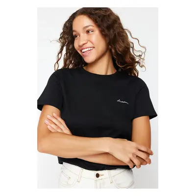 Trendyol Black Cotton Slogan Embroidered Regular Pattern Knitted T-Shirt