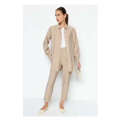 Trendyol Camel Linen Look Shirt-Pants Woven Suit