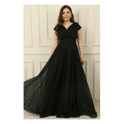 By Saygı Double Breasted Neck Lined Nail Sleeve Full Circle Flared Chiffon Tulle Plus Size Long 