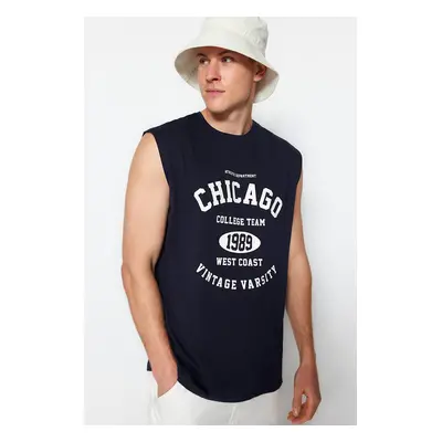 Trendyol Navy Blue Relaxed/Comfortable Cut City Printed 100% Cotton Sleeveless T-Shirt/Athlete