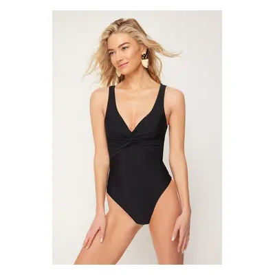 Trendyol Black V-Neck Knotted Regular Swimsuit