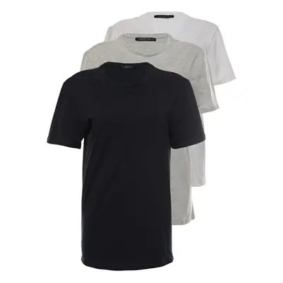 Trendyol Navy Blue-Grey Melange-White Slim/Slim Cut 100% Cotton 3-Pack Short Sleeve T-Shirt