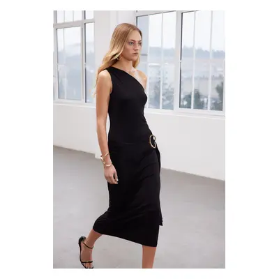 Trendyol Limited Edition Black Maxi Flexible Knitted Pencil Dress with Accessory Detail