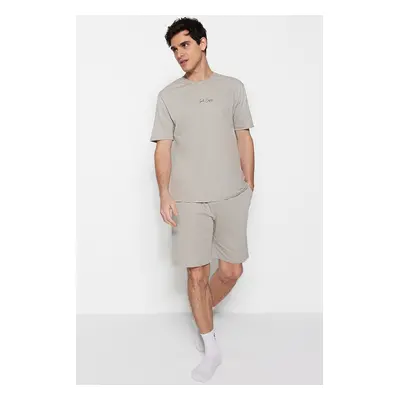 Trendyol Stone Regular Fit Crew Neck Pajama Set with Shorts