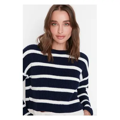 Trendyol Navy Blue Crop Basic Striped Knitwear Sweater