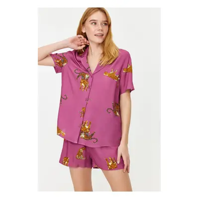 Trendyol Pale Pink Animal Pattern Viscose Shirt-Short Woven Pajamas Set