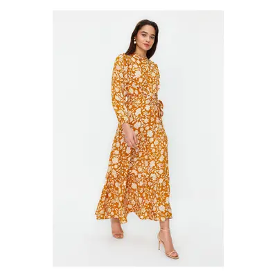 Trendyol Mustard Small Floral Printed Ruffle Detailed Belted Woven Dress