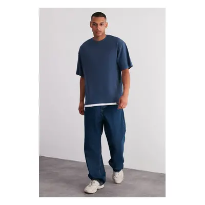 Trendyol Indigo Oversize Textured 100% Cotton T-Shirt with Piece Detail