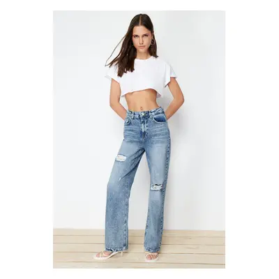 Trendyol Blue Ripped High Waist Wide Leg Jeans