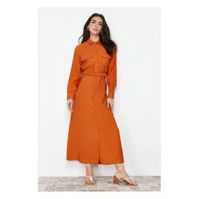 Trendyol Cinnamon Waist Rubber Belted Pocket Detailed Woven Dress