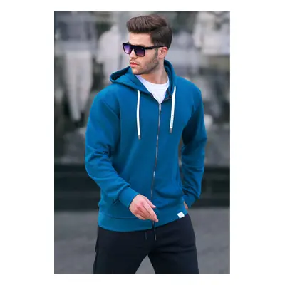 Madmext Petrol Blue Zipper Hooded Sweatshirt