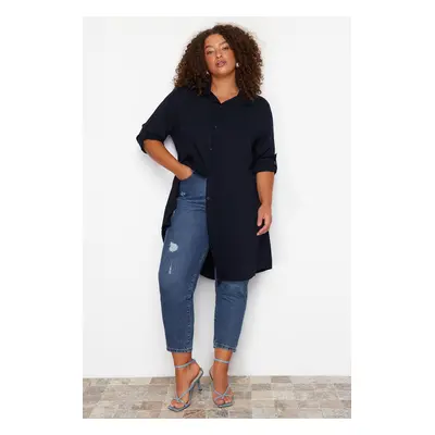 Trendyol Curve Navy Blue Basic Oversize Woven Shirt