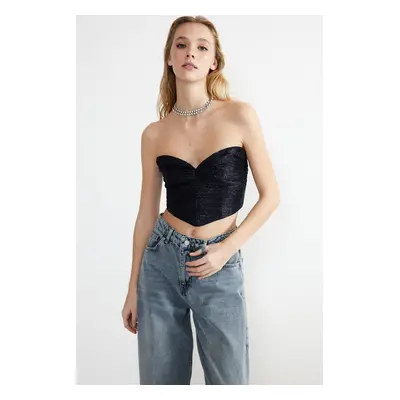 Trendyol Navy Blue Crop Shiny Knitted Bustier