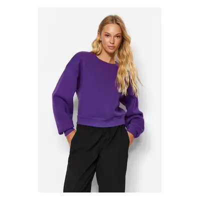 Trendyol Purple Relaxed Cut Crop Basic Crew Neck Thick Fleece Inside Knitted Sweatshirt