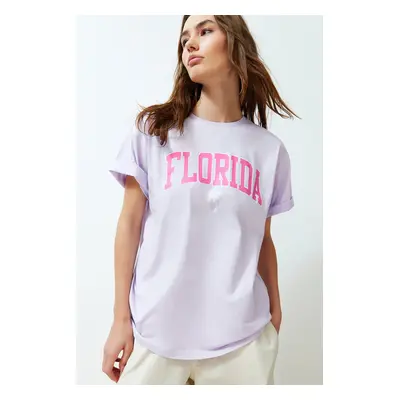 Trendyol Lilac Oversize Printed Crew Neck Short Sleeve Knitted T-Shirt