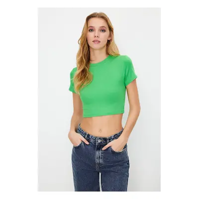 Trendyol Premium Green Viscose/Soft Fabric Crop Crew Neck Stretch Knitted Blouse