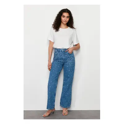 Trendyol Blue Stone Detailed High Waist Wide Leg Jeans