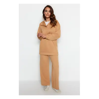 Trendyol Camel Collar Detailed Hooded Diver/Scuba Knitted Tracksuit Set