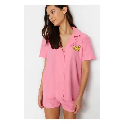 Trendyol Pink Banana Embroidered Viscose Shirt-Shorts Woven Pajamas Set