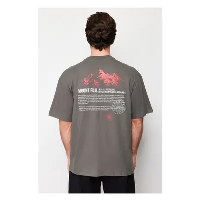 Trendyol Anthracite Oversize Printed Embroidered 100% Cotton T-Shirt