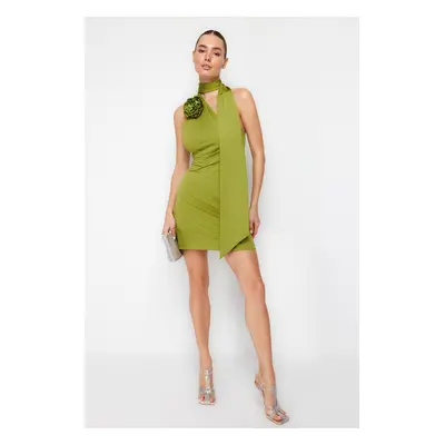 Trendyol Fat Green Bodyconed Rose Detailed Knitted Short Elegant Evening Dress