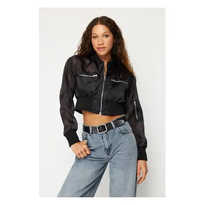 Trendyol Black Regular Fit Organza Crop Bomber Coat