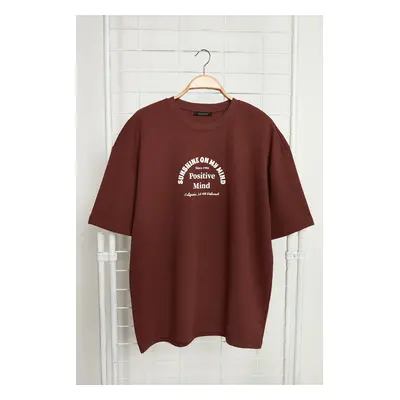 Trendyol Brown Oversize/Wide Cut Text Printed T-Shirt