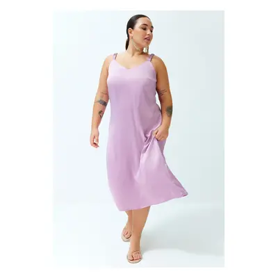 Trendyol Curve Lilac Thick Strap V Neck Satin Long Woven Dress