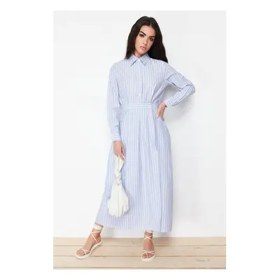 Trendyol Blue Shirt Collar Striped Woven Dress