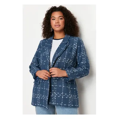 Trendyol Curve Navy Blue Tweed Woven Blazer Jacket