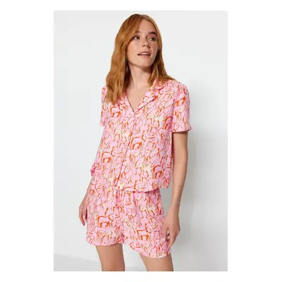 Trendyol Pink Viscose Animal Patterned Shirt-Shorts Woven Pajamas Set