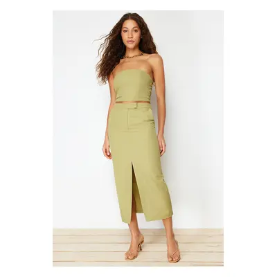 Trendyol Khaki Premium Straight Front Slit Midi Length Woven Skirt