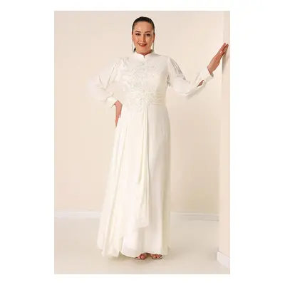 By Saygı Beaded Embroidered Lined Plus Size Long Chiffon Dress with Flounce on the Front