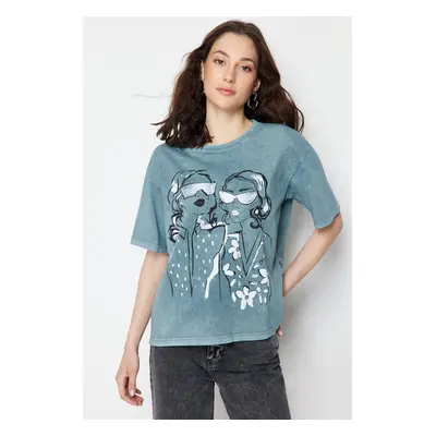 Trendyol Gray Printed Relaxed Crew Neck Washed Knitted T-Shirt