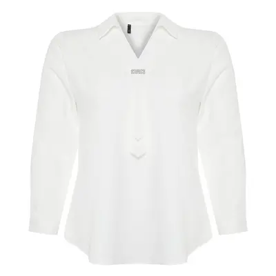 Trendyol Curve White Woven Large Size Stoned Shirt Collar Blouse